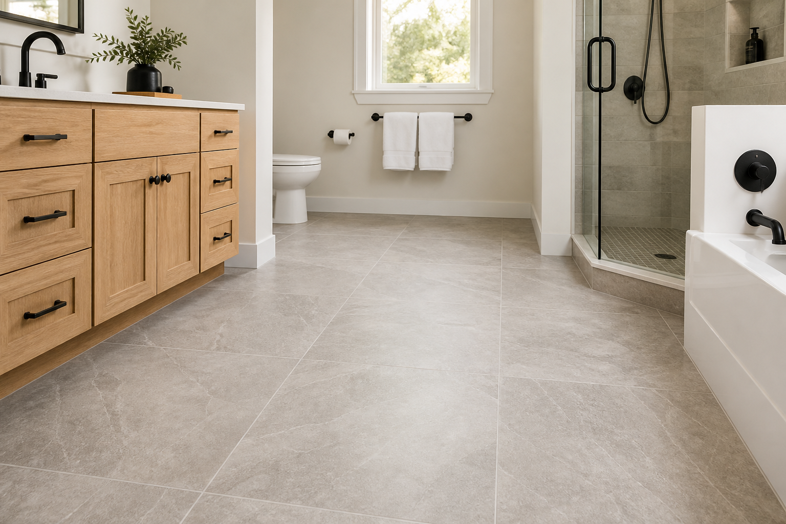 Large format bathroom tile flooring installed in a remodeled Frederick bathroom