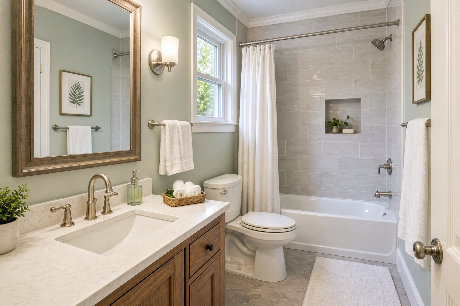Guest bathroom remodel with vanity, tub shower, fresh tile, and soft green walls