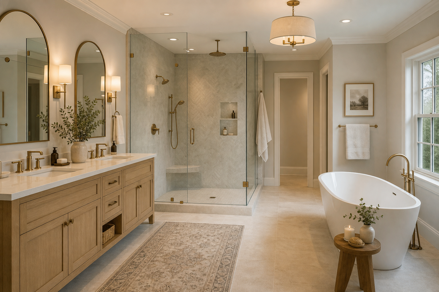 Master bathroom remodel with double vanity, walk-in shower, and freestanding tub