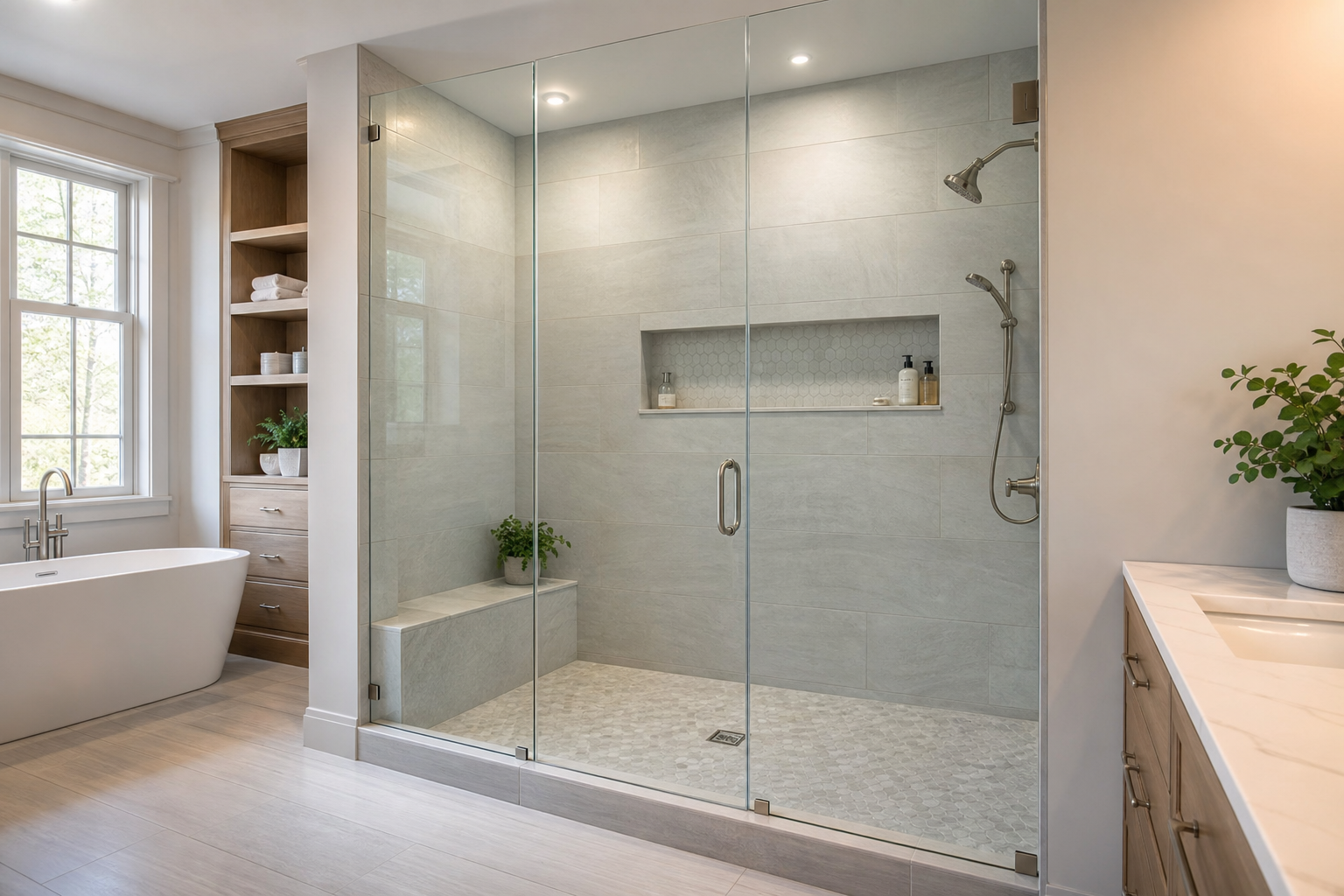Remodeled shower with glass enclosure and large format tile in a Frederick bathroom