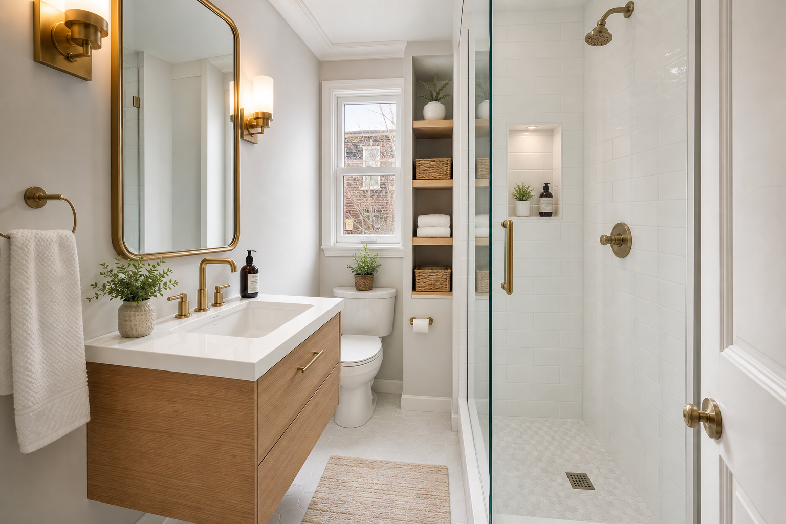 Small remodeled bathroom with floating vanity, glass shower, and built-in storage