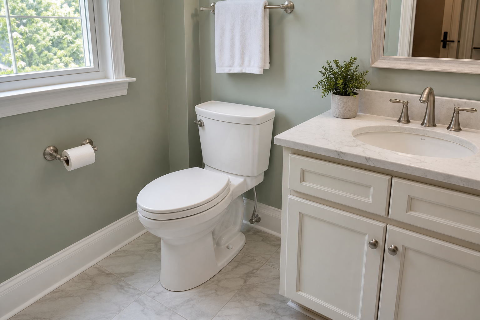 New toilet installed beside a vanity in a clean remodeled Frederick bathroom