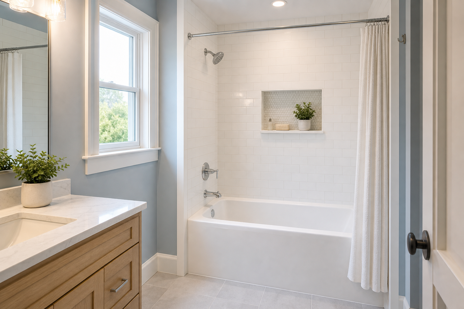 New bathtub with white tile surround in a remodeled Frederick bathroom