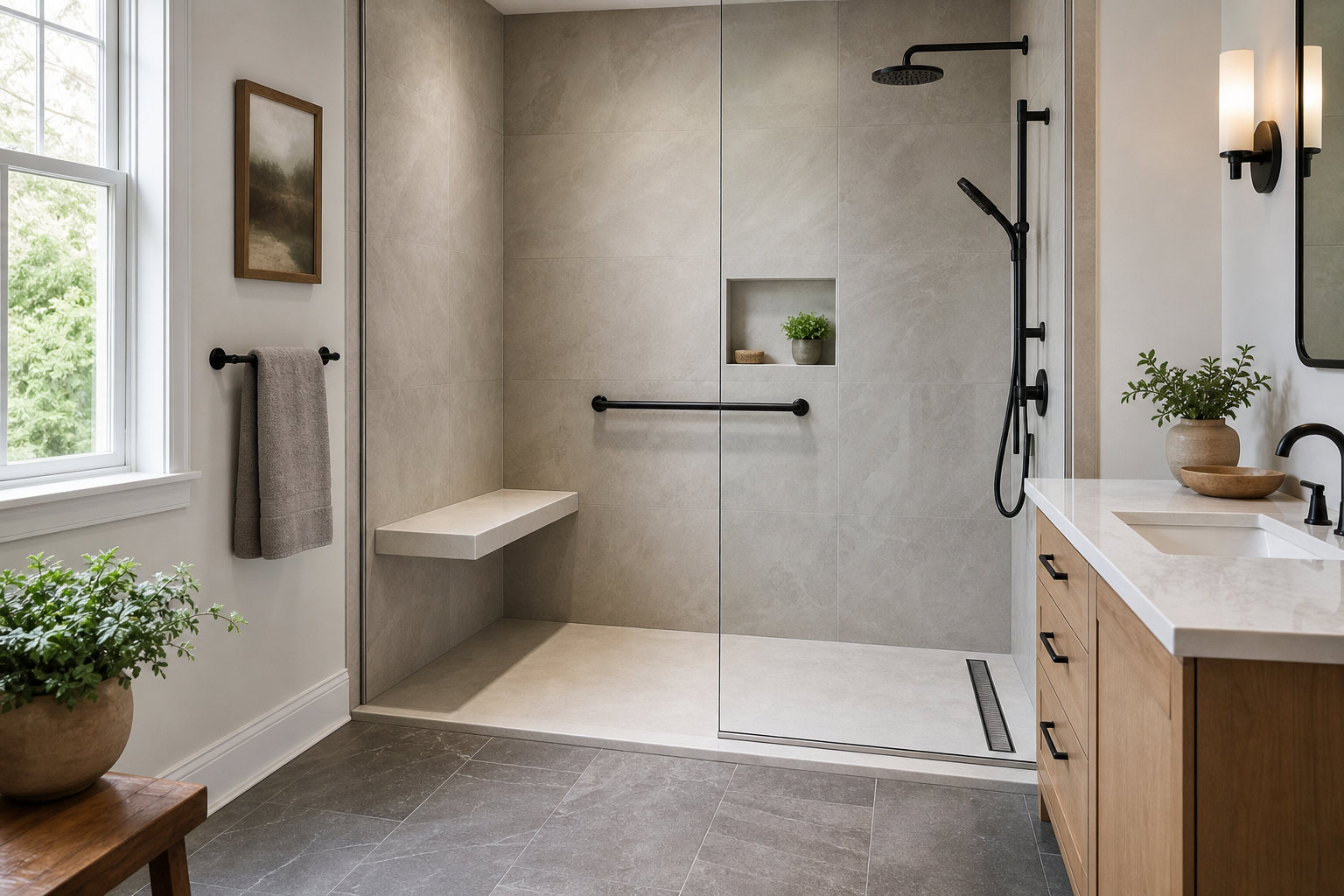 Low-threshold walk-in shower with bench and glass in a remodeled Frederick bathroom